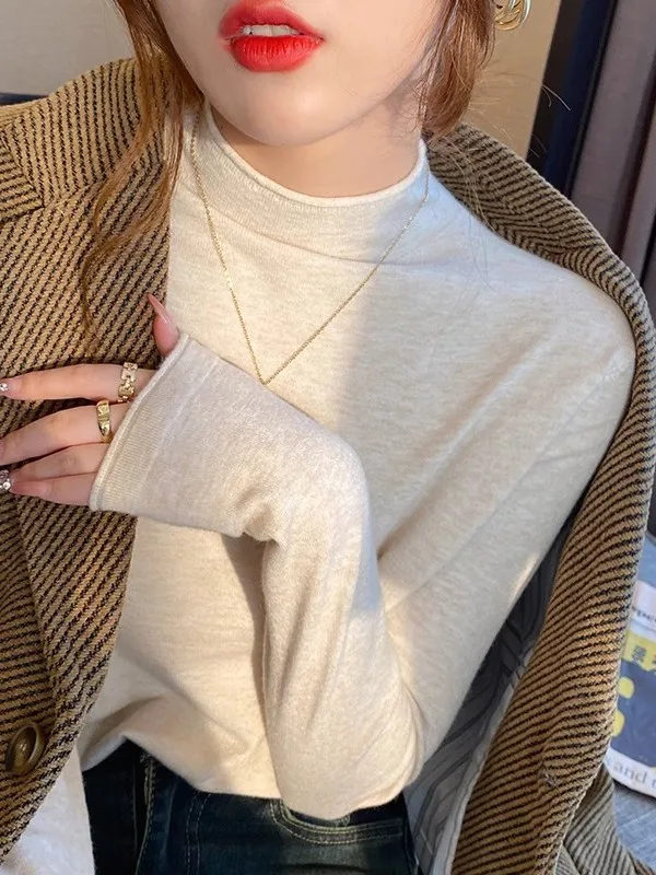 

Women's Mid-Ne Knitted Base irt f-High Collar Inner Wear Autumn Winter Thiened Warm Pure Color Sweet Sle Top