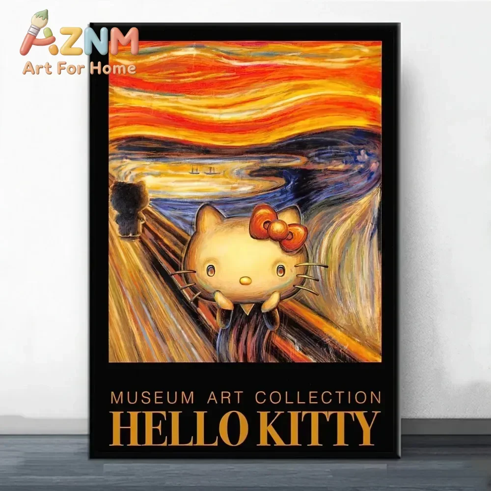 AZNM Hello Kitty Frameless Canvas Wall Art Poster, Famous Painting Mashup Cute Cartoon Cat Canvas Print for Girls Bedroom Decor