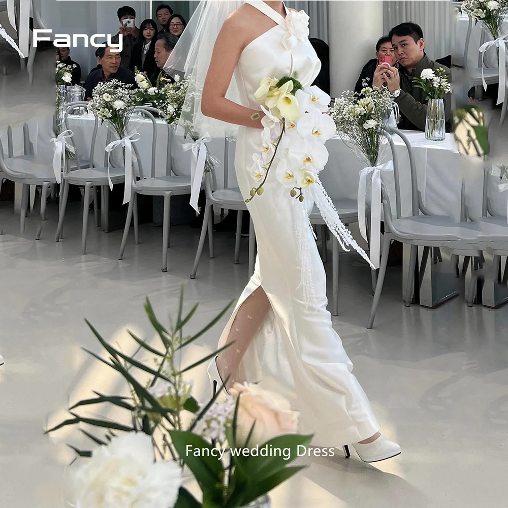 Fancy Special Halter Wedding Dress Sleeveless A Line Bridal Gown Big Flower Floor Length Soft Satin 웨딩드레스 customized