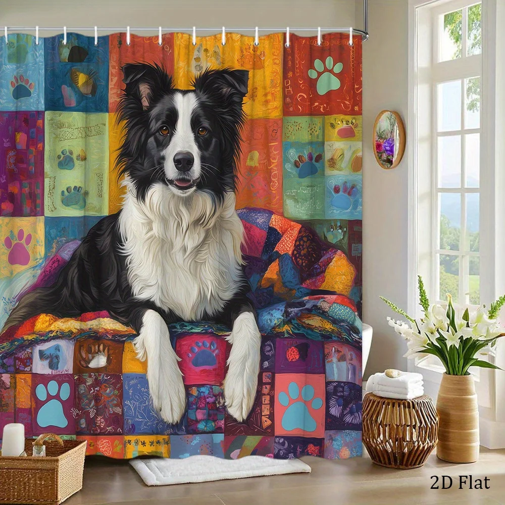 1pc Shower Curtain Featuring a Border Collie on a Patchwork Quilt, Showcasing a Relaxed Dog on a Comfy Quilt with Paw Prints And