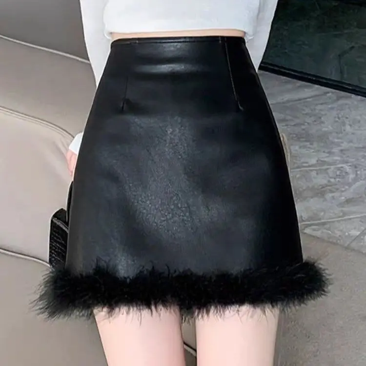 High Waist Buttocks Leather Short Skirt Fur Patchwork White Jupe Sexy Faldas Mujer Black Slim Fit Autumn New