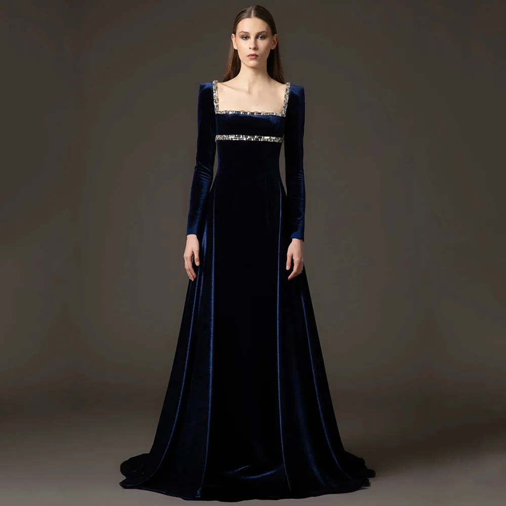 فستان سهرة بحري عربي مخصص بأكمام طويلة ورقبة مربعة فضية وحجر كريستال سويب تراين فستان حفلة عربية سعودية #5