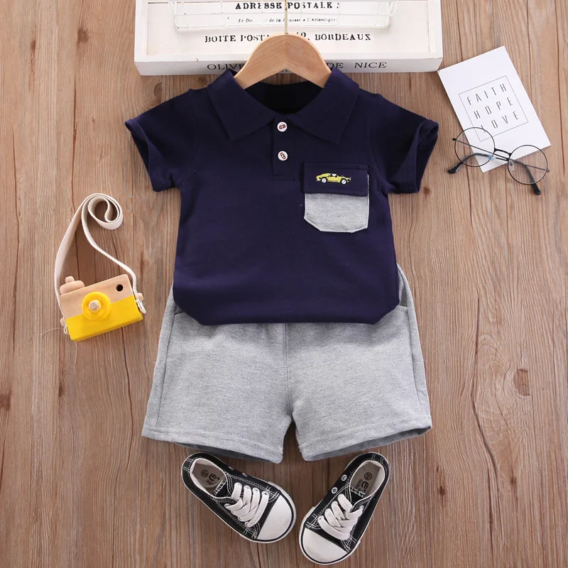 Short Sleeve Lapel Two Piece Baby Boy Clothes Suit Summer Navy Grey T Shirt Tops Shorts Casual Sport Kids 1 2 3 4 Year Old Wear