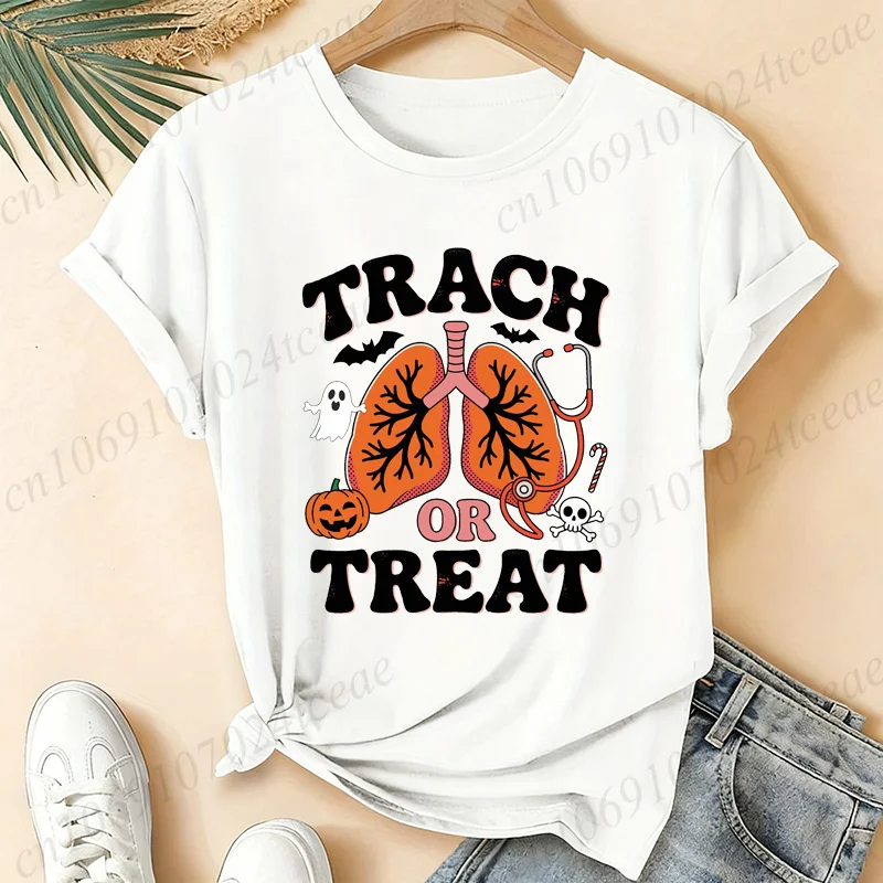 Respiratory Therapist Halloween Shirt Trach or Treat T-Shirts Spooky Season Tee Shirts Short Sleeve Clothing Horror Party Gifts