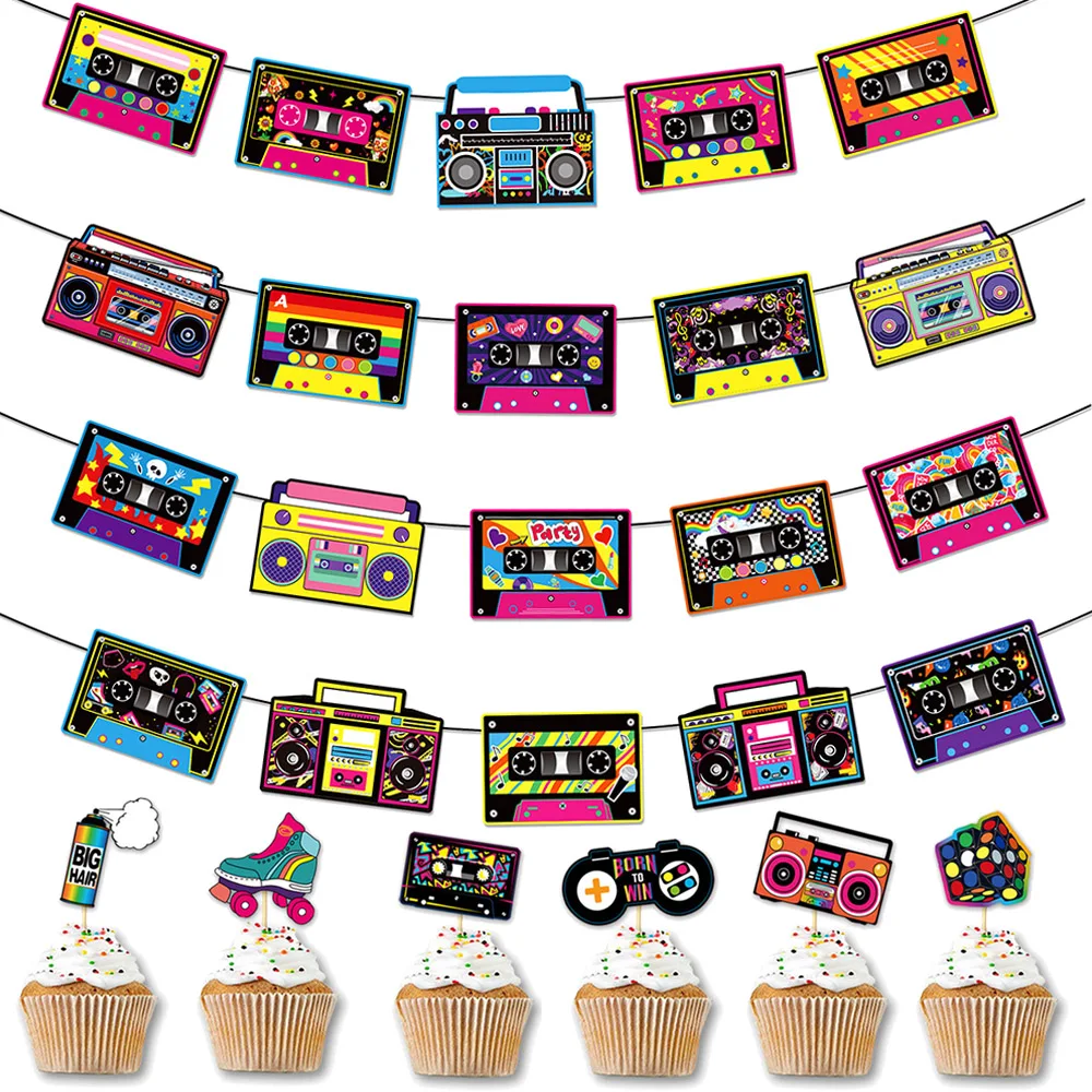 Decoración colgante para fiesta de música disco, pancarta con patrón de Radio, adorno para pastel, suministros de decoración Retro para fiesta de cumpleaños de los años 80 y 90