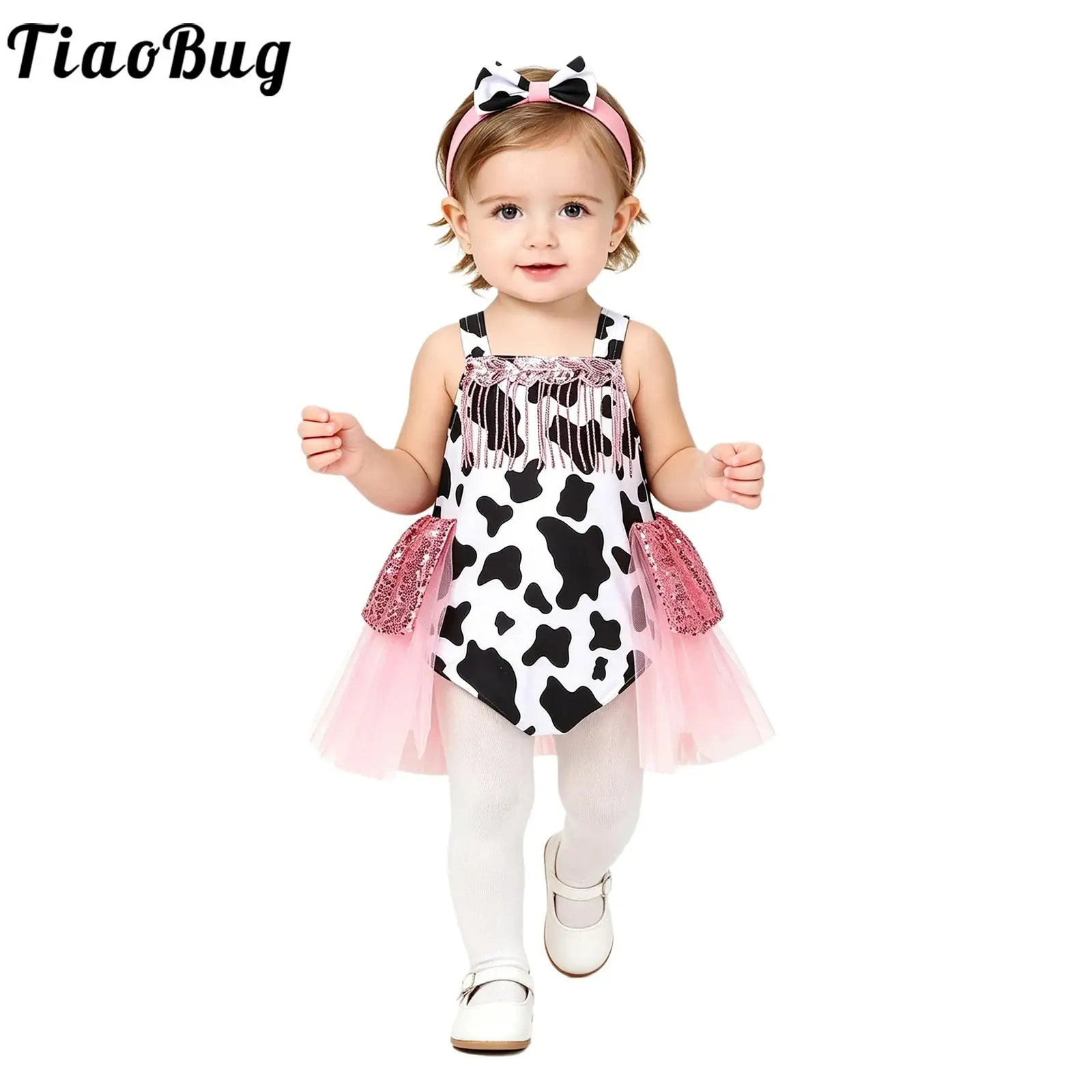 

Toddler Baby Girls Western Cowgirl Costume Cow Printed Tassel Tulle Skirted Rompers for Halloween Birthday Party Photography