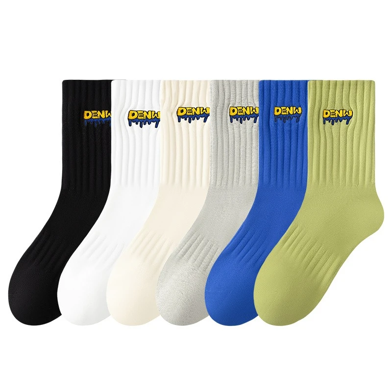 

6 Pairs Spring and Autumn Sports All Cotton Antibacterial and Odorous Youth Cotton Socks Large Size Letter Men's Middle Socks