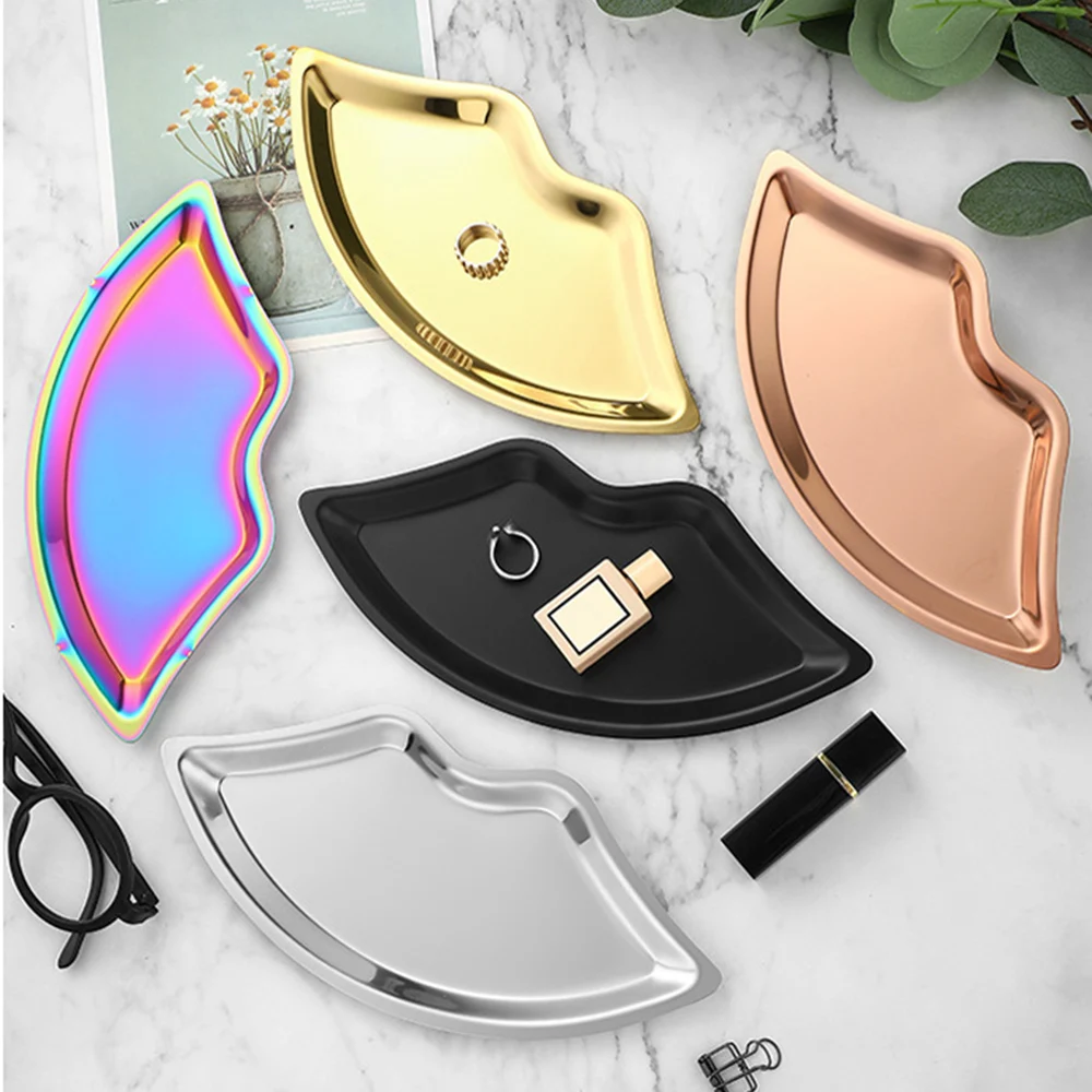 INS Lip Shaped Tray Luxury Stainless Steel Display Plates for Food Cosmetic Jewelry Storage Organizer Desktop Ornament Wholesale