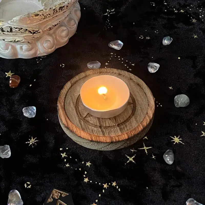 Round Pentagram Witches Wooden Candle Holder Altar Astrology Massage Candle Stand Divination Meditation For Wicca Ceremony