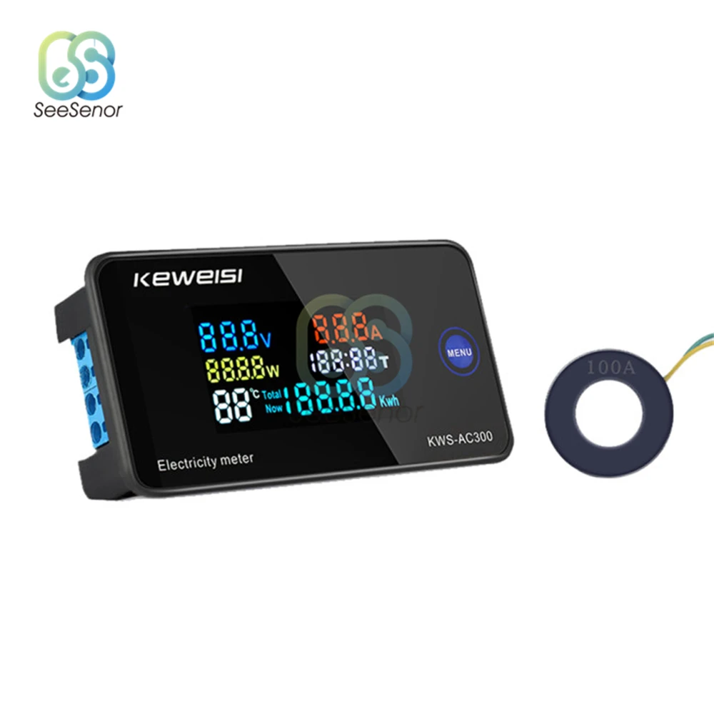 6 in 1 AC 220V 110V 50V~300V 100A Digital Ampermeter Power Energy Voltmeter Ammeter Volt Watt Kwh Temperature Meter Time