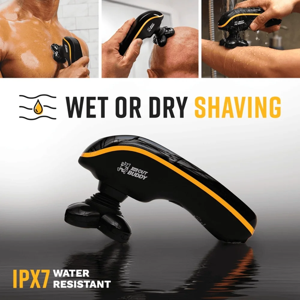 Ergonomic Bald Shaver IPX7 Waterproof Rotary Design Cordless Wet Dry Use 5 Blades Easy Clean Replaceable Head Cleaning Cup