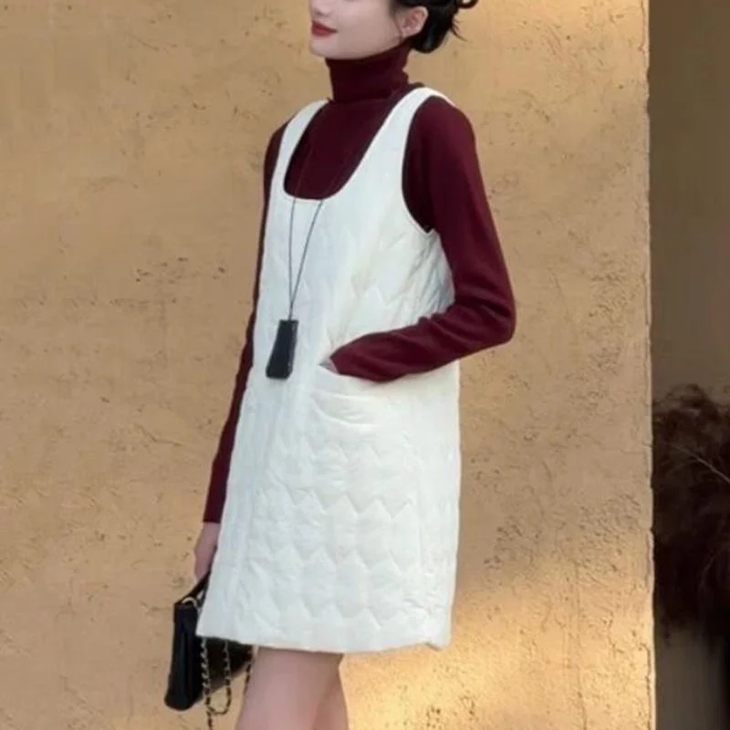 

White Black Large Size Vest Dress Women's Autumn Winter Fashion Cotton Padded Jacket Waistcoat Loose Long Vests Coat Female