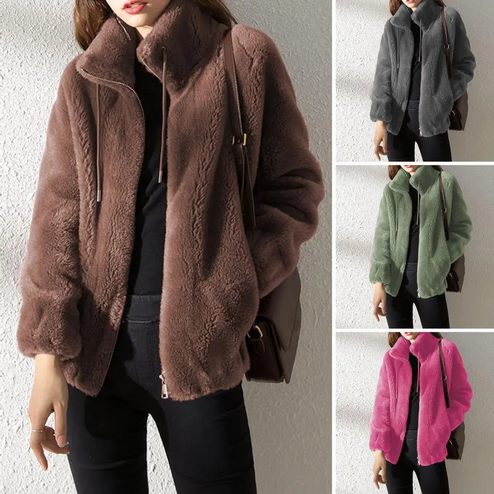 Women Coat Women’s Winter Fleece Jacket with Full Zip Stand Collar Long Sleeve Outerwear Coat with Pockets Warm Zip Up Fuzzy