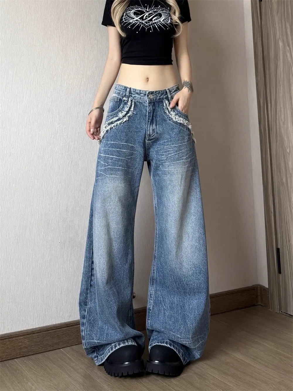 

Женские синие мешковатые джинсы-карго Y2K American High Street Harajuku, эстетические винтажные джинсы большого размера, брюки, одежда 2025