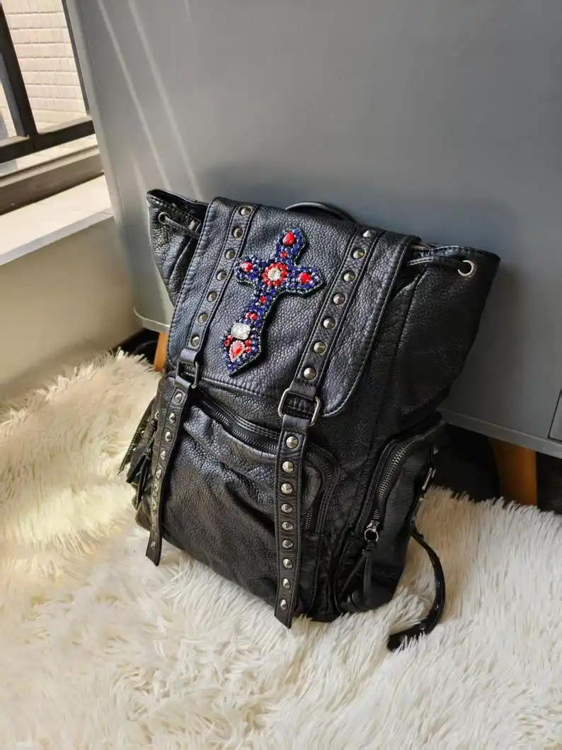 Black Y2K Gothic Rhinestone Cross Rivet Backpack Punk Colorful Gem Cross Rucksack Grunge Leather Drawstring Backpack for Women