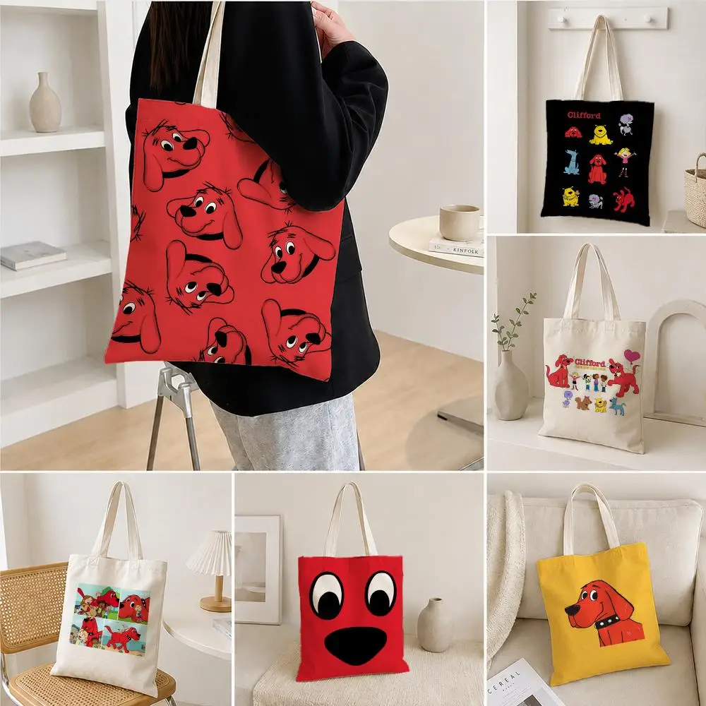 Character Clifford the Big Red Dog Storage Bags Polyester Canvas Foldable Tote Bag Lightweight Reusable Shopping Shoulder Bag - view 2