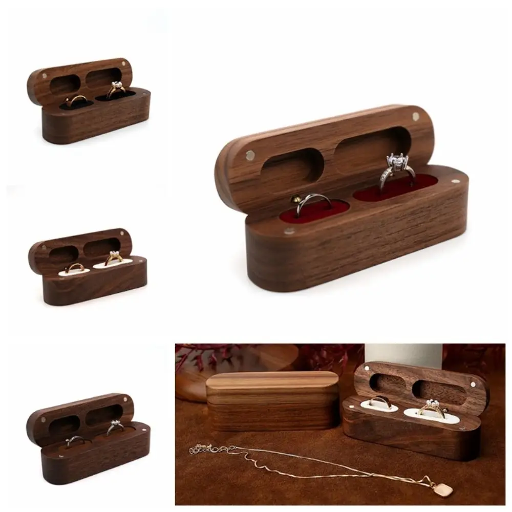 

2-Slots Wooden Ring Box Rectangular Magnetic Cover Ring Bearer Box Velvet Sponge Durable Ring Holder Case Wedding Ceremony