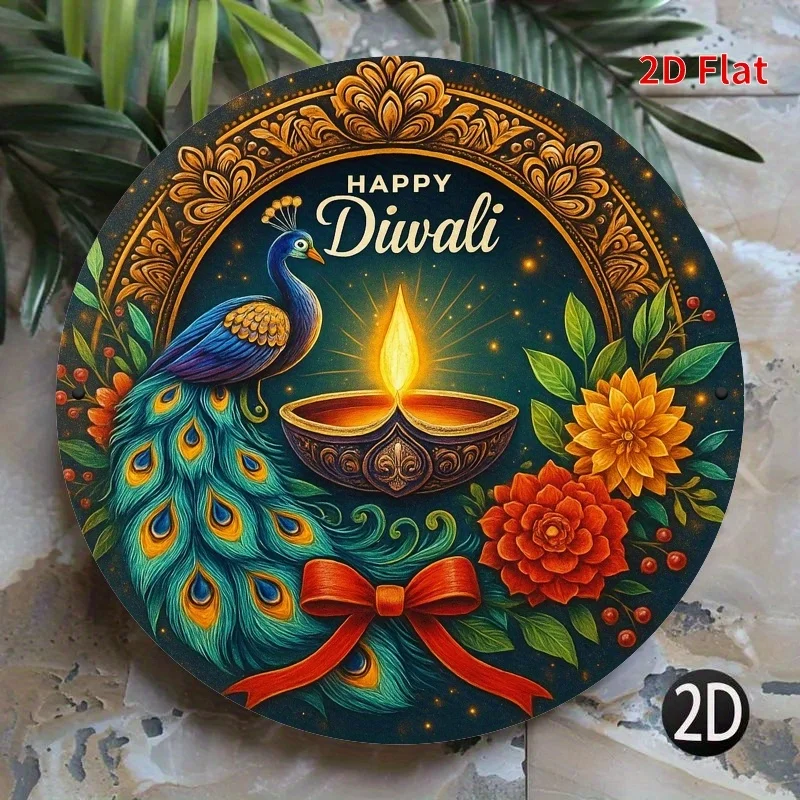 CIFBUY Retro Happy Diwali Peacock Floral Aluminum Wall Art Waterproof Wearproof Home Cafe Farmhouse Yard Room Decor Gift