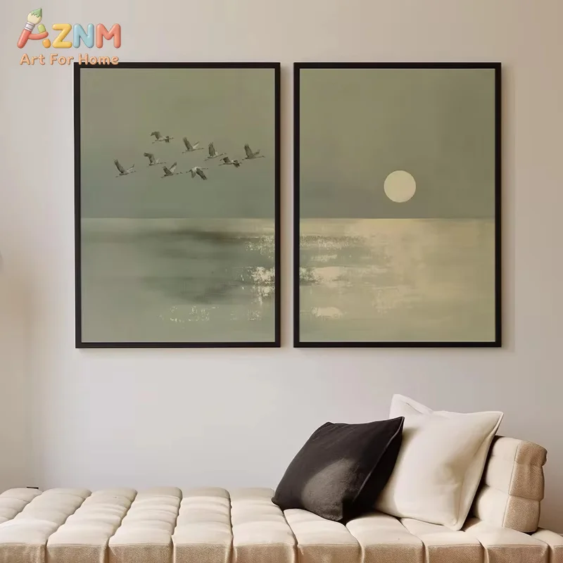 2PCS Japanese Wall Art Set of 2 Minimalist Sage Green Sunset & Cranes Poster Asian Zen Art Canvas Paintings For Room Decor