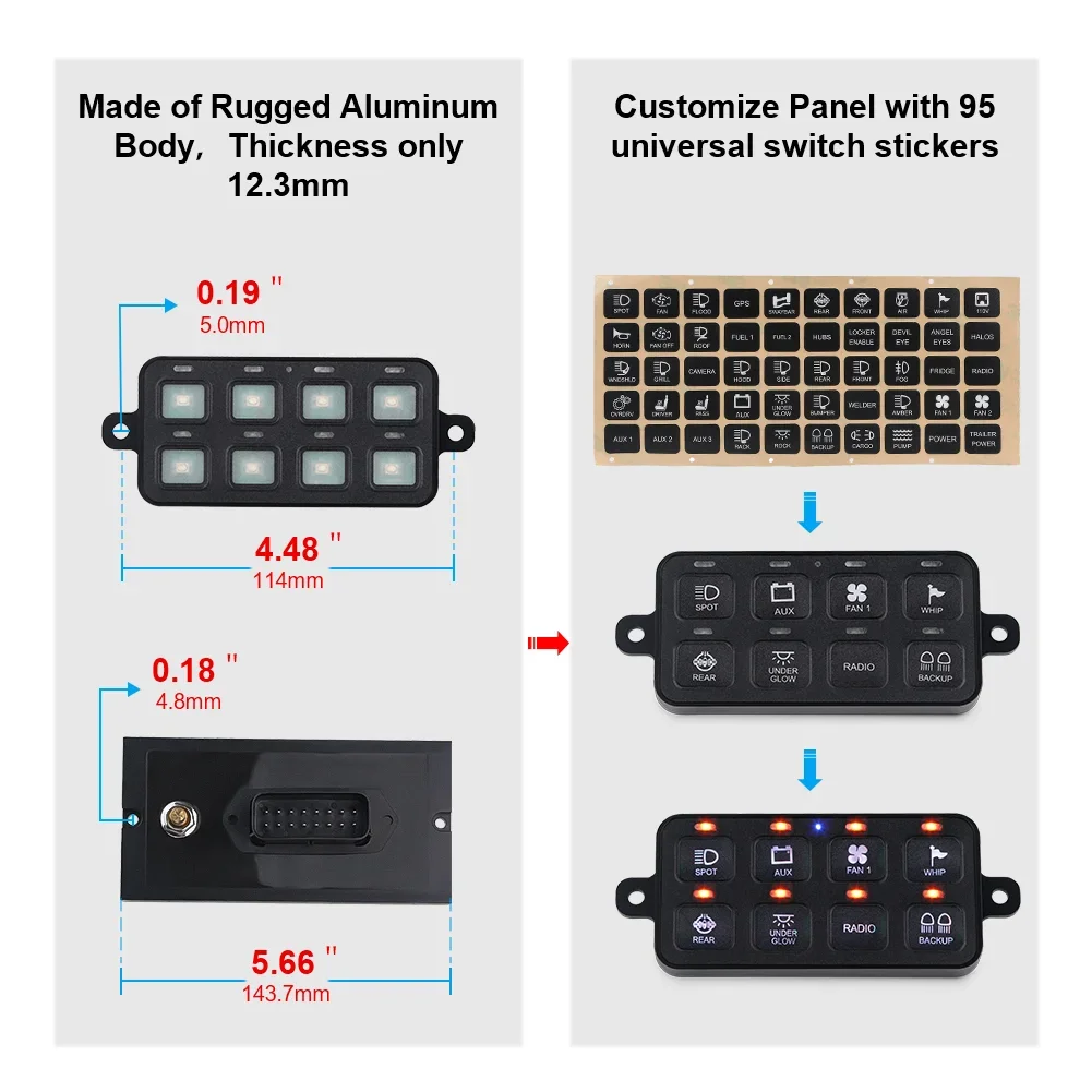 DC 12V Universal 8 Gangs Switch Panel System Blueteeth Control Switch Panel for Car Truck UTV Boat RV Trailer