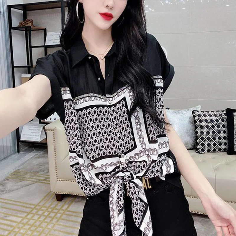 Korean Casual Chiffon All-match Blouses Summer New Style Fashion Printing Lacing Short Sleeve Shirt 2023 New Women\'s Clothing