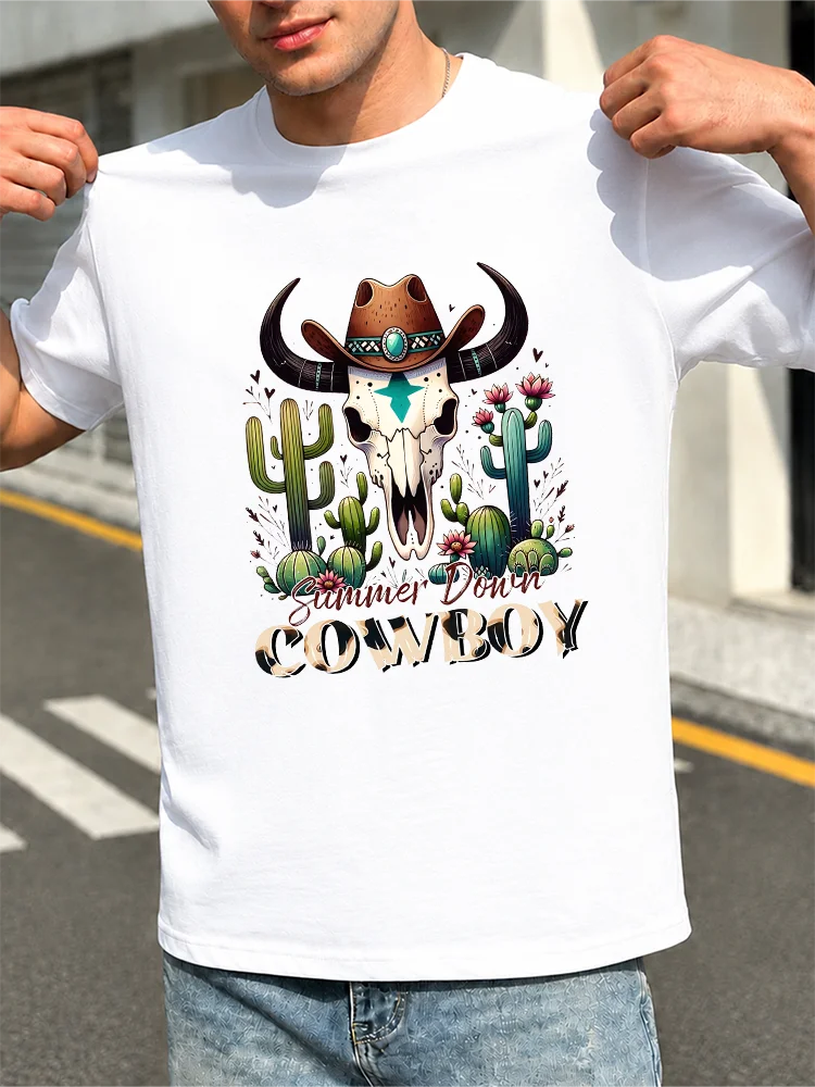 Western Cowboy Skeleton Cactus Summer Down Slogan T-Shirt Printed Tee Men’s Gift Daily Wear Trendy