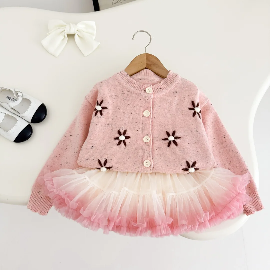 Girls Suit 2025 Spring and Autumn New Childrens Clothing Baby Girl Hand-embroidered Knitted Cardigan Puffy Skirt Two Sets