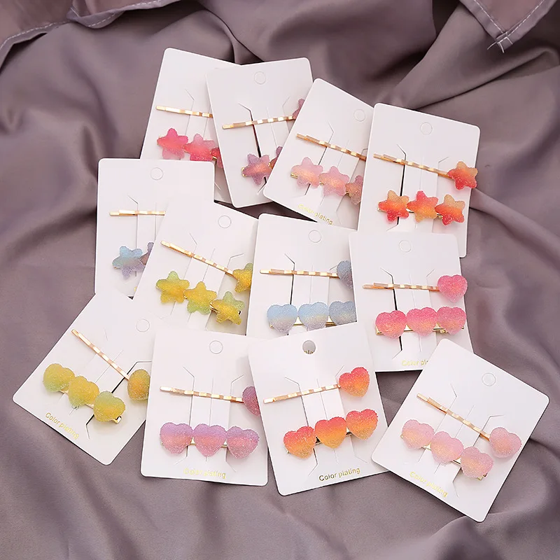 2PCS Set Japanese Rainbow Soft Jelly Gradient Color Heart Star Hairpin Girl  Cute Sweet Simple Translucent Hair Clips Fashion