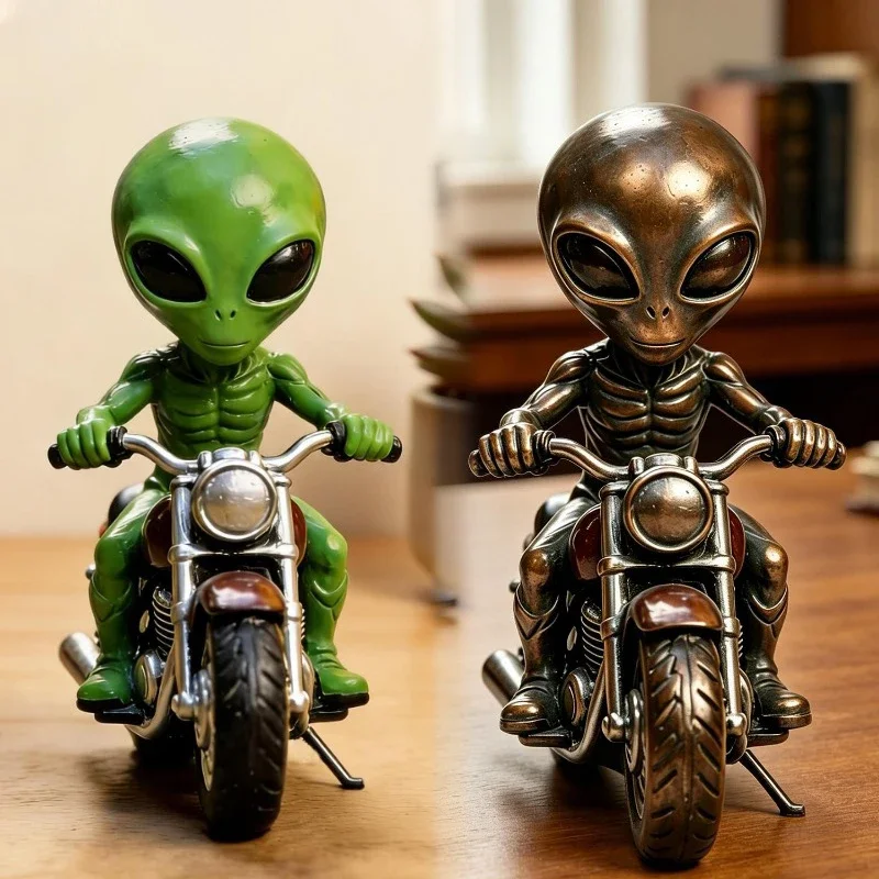 Resin Crafts Creative Alien Ride Motorcycle Figurine Desktop Ornament Home Decoration Holiday Gifts for Office Bedroom Bookshelf