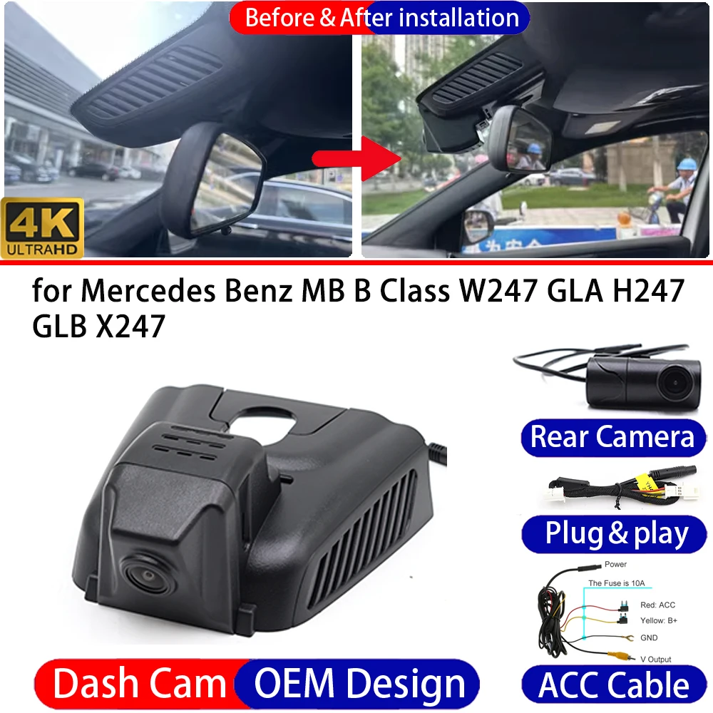 Dash Cam for Mercedes Benz MB B Class W247 GLA H247 GLB X247 Front＆Rear 4K UHD 24h DVR Dashboard Camera Video Drive Recorder