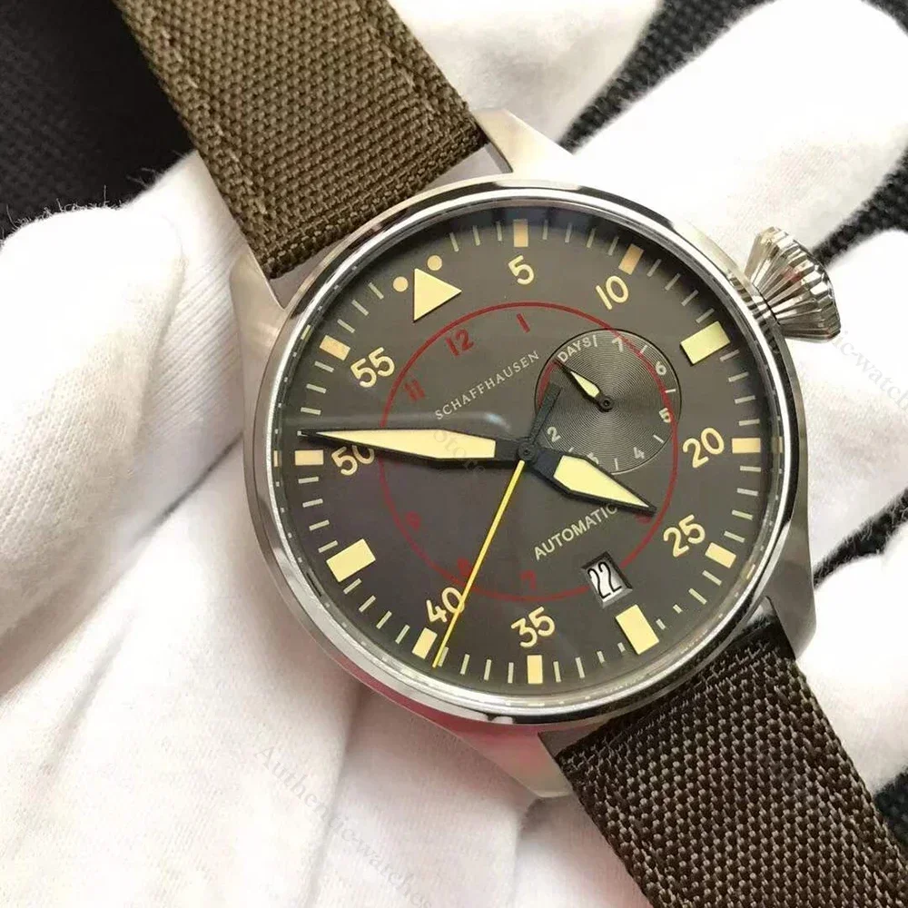 46mm أزياء الطيارين الكبار الرجال التلقائية الميكانيكية ووتش الرياضة الأسود براون الجلود البني الفولاذ المقاوم للصدأ حسب الطلب