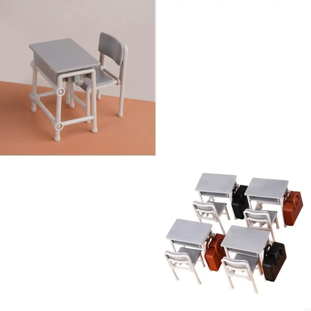 4 Piece Tiny Classroom Toy Set 1:12 Scale Desk Chair Backpack Miniature Collection