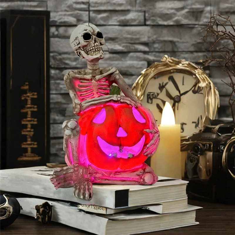 A96K-Halloween Ghost Holding Pumpkin Figurine Horror Haunted House Props Resin Skull For Halloween Bar Game Decoration