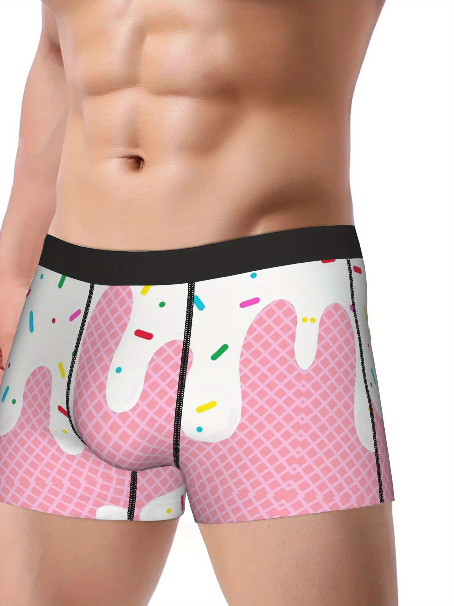 Pink Ice Cream Waffle Print with Colorful Sprinkles Soft Stretch Breathable Underwear, Fun Sweet Dessert Graphic