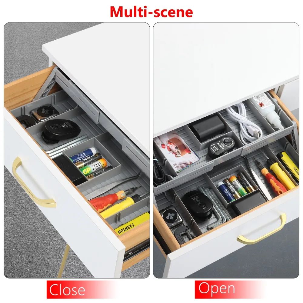 2/3 Tier Drawer Organizer Collapsible Expandable Desk Organizer Trays Multi Level Gray Desktop Storage Rack for Office Supplies