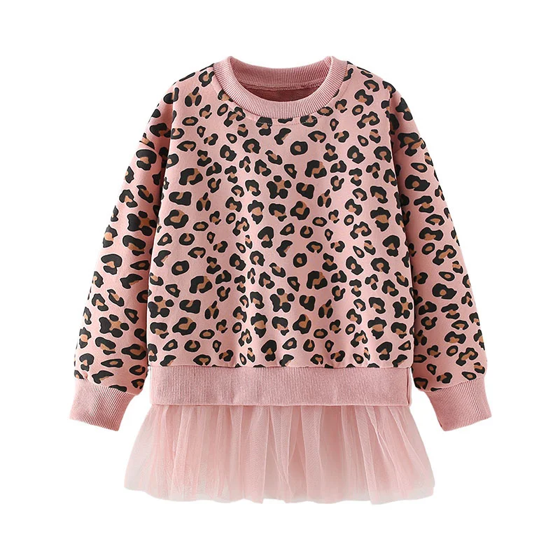 

3-8T Leopard All Printed Girls Toddler Costume Long Sleeve Sweatshirt Mesh Hooded Shirt for Autumn Spring Baby Clothes