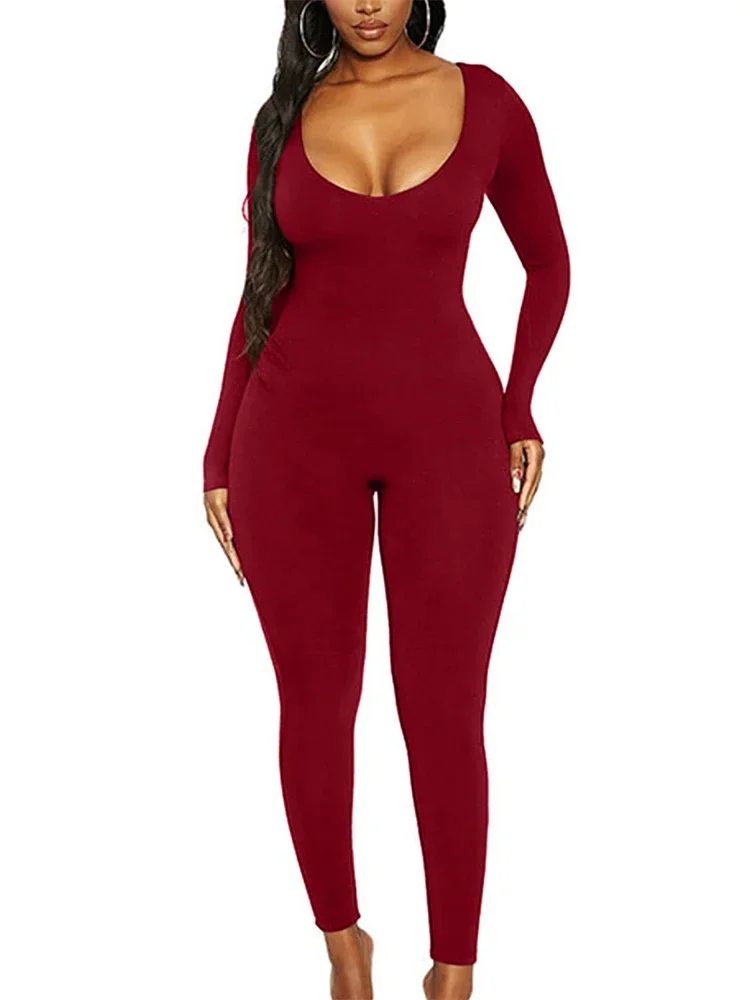 2024 Spring and Summer New Women's Jumpsuit Long Sleeve Solid Color Skinny Jumpsuit Fashion Sports Fitness Jumpsuit Pullover