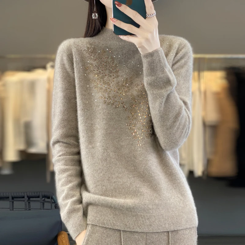 Women's Pullover Pure Woolen Sweater Slim Fit Hot Diamond Knitted Thick and Warm 2024 Autumn/Winter New Half High CollarCashmere