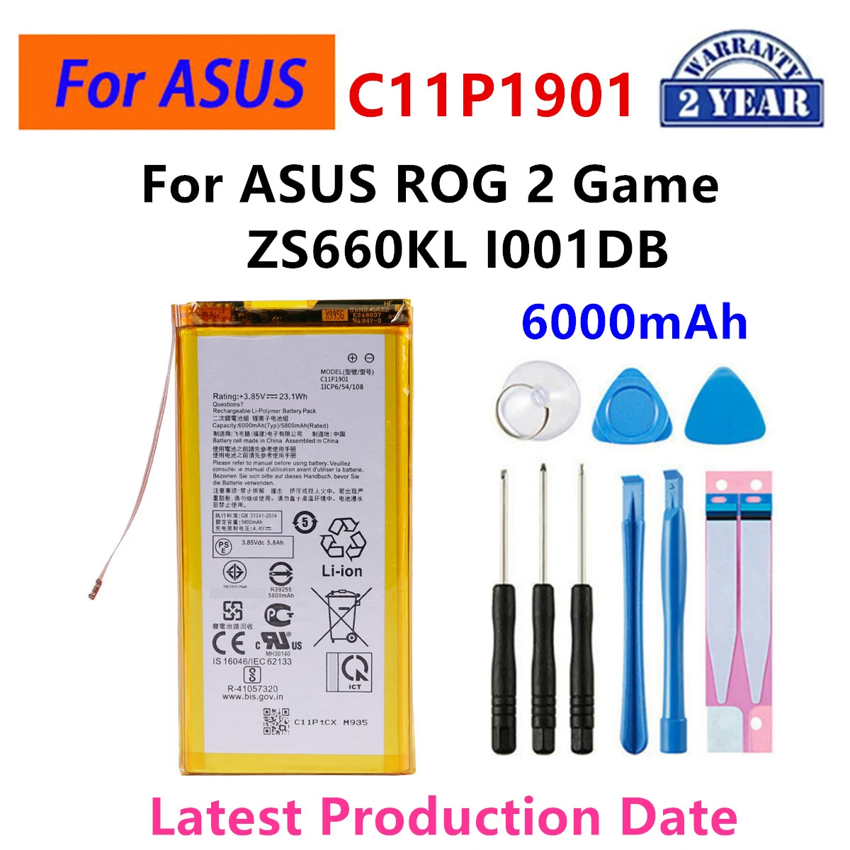 Brand New Battery C11P1901  6000mAh  For  ASUS ROG 2 Game  ZS660KL I001DB  Phone  Battery +Tools