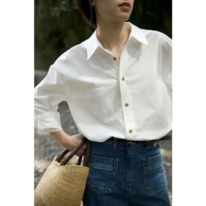 

Women's White Cotton Button Down Shirt Casual Loose Fit Long Sleeve Blouse with Chest Pocket and Gold Buttons