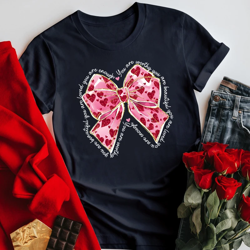 Pink Valentine Coquette Heart Women T-shirt Sweet Pink Bow Graphic 