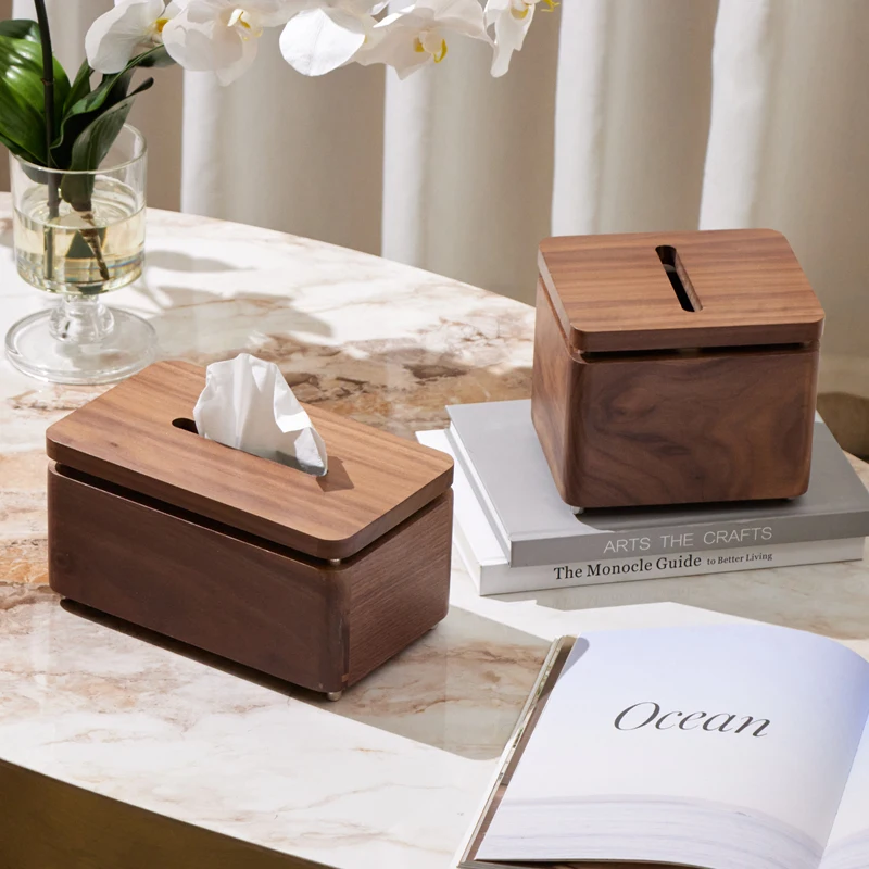 صندوق تخزين مناديل خشبية بنية حديثة مصنوعة يدويًا بتصميم خشبي مربع