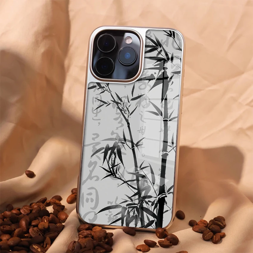 Custodia per telefono con pittura a inchiostro Shui in stile cinese per Iphone 16 15 14 13 Pro 12 Max Plus 16Pro Custodia per telefono in bambù Anti Goccia 15Pro Cover