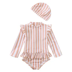 2024 New Summer 1-6Yrs Baby Girls One Piece Swimsuit Children Beach Wear Kids Jumpsuit Swimwear+Hat Long Sleeved Striped Bikini