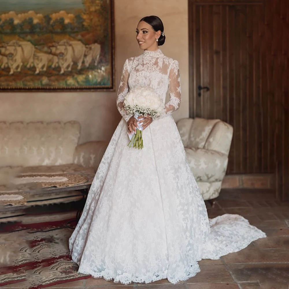 

Muslim Weddings Dresses High Collar Long Sleeve A-Line Lace Bride Dress Exquisite Arabic Bridal Gown Customized robe de mariée