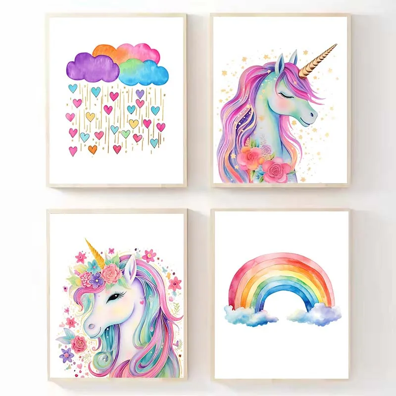 Pink Cartoon Cute Unicorn Nursery Girl Room Rainbow Art Poster Canvas Painting Wall Prints Picture Children Room Home Decor