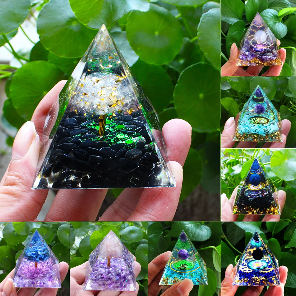 Tree Of Life Orgone Pyramid Handmad Amethyst Peridot Healing Crystal Energy Generator Orgone Pyramid EMF Protect Meditation Tool