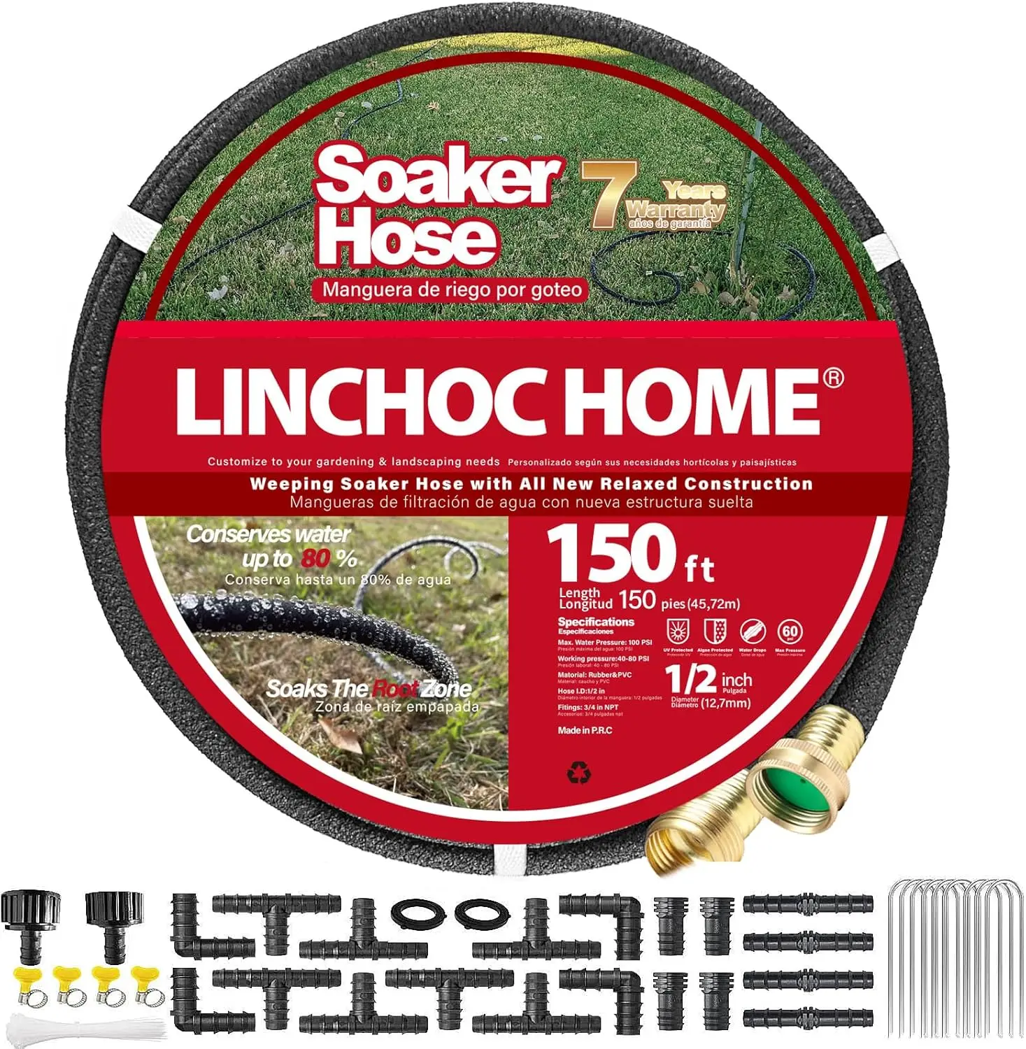 

150FT Soaker Hose with Brass Connectors & Stakes Kit - Leakproof Garden Irrigation
