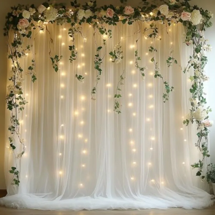 

0x0ft White Tulle Backdrop Curtain with String Lights, Wrinkle-Free Sheer Wedding Backdrop for Birthday Parties, Baby Showers,