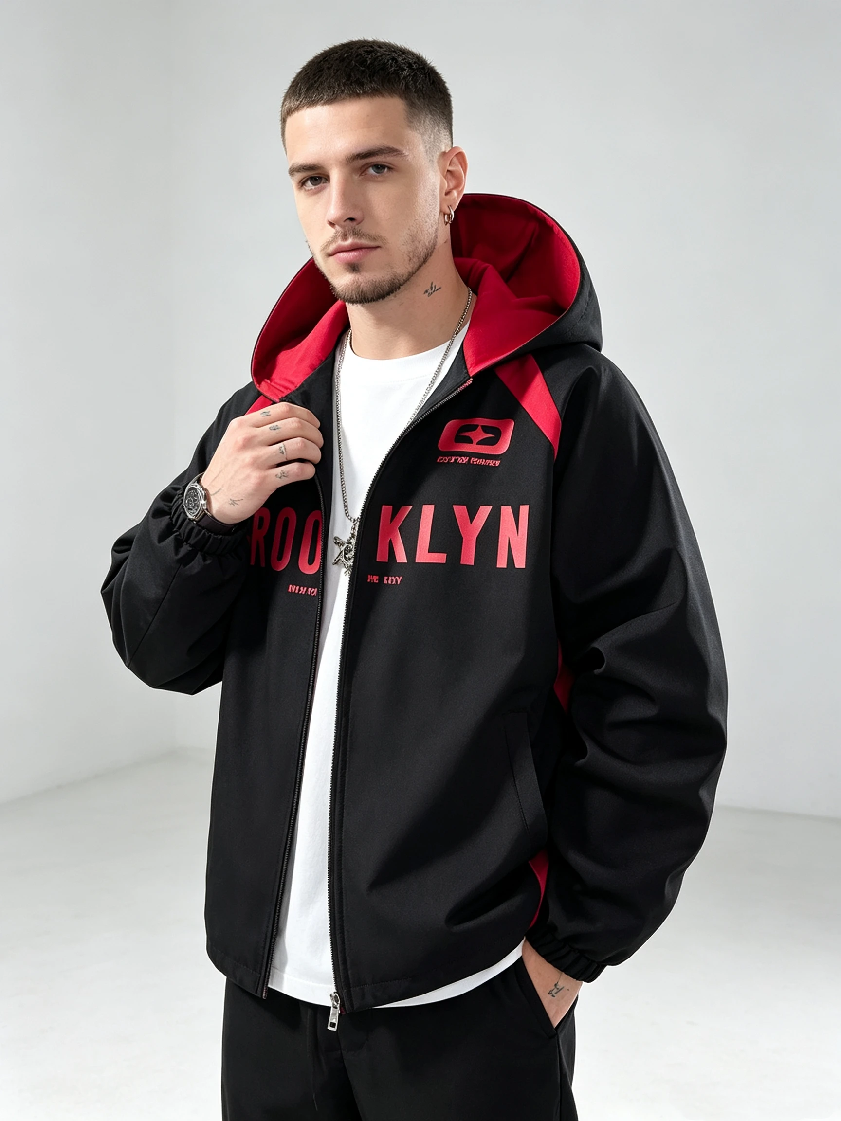 Men's Black Red Color Block Hooded Jacket BROOKLYN Letter Print Zip Up Streetwear Windbreaker Outerwear